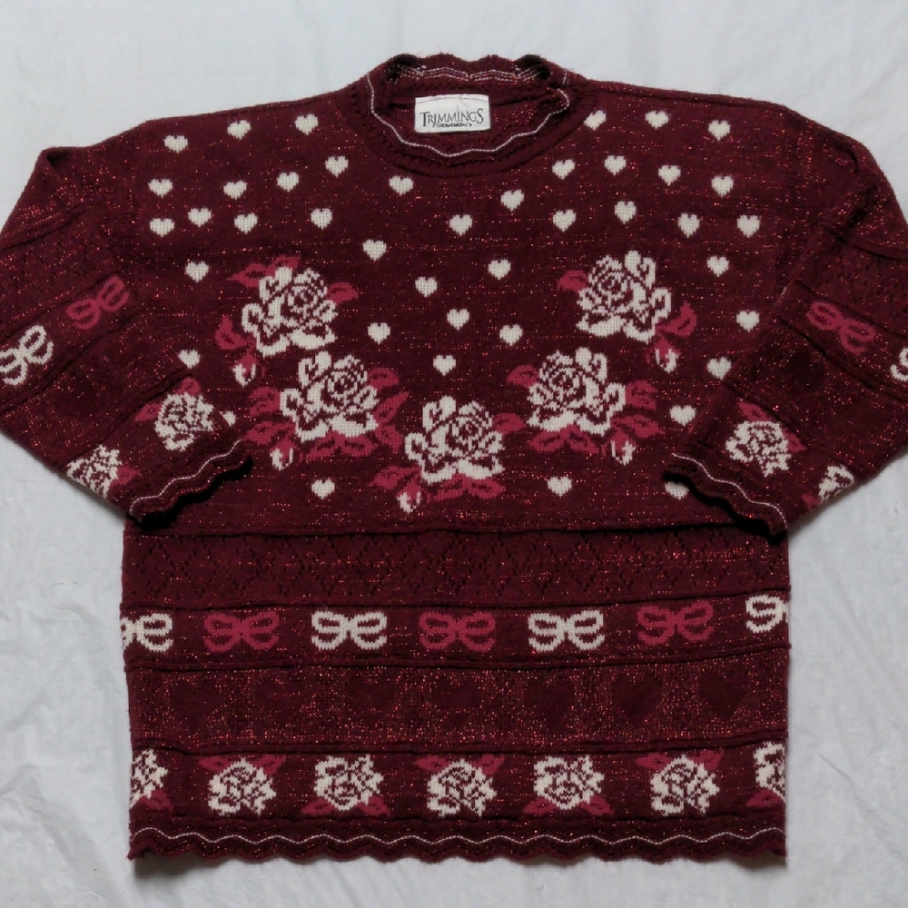 Vintage 90s Red Heart Floral Print Grannycore Sweater Size 18 Cottagecore